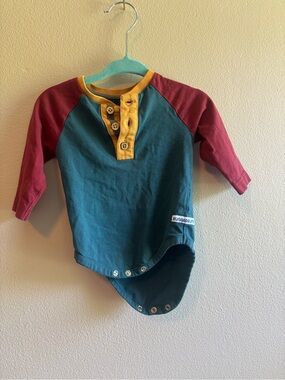 RuggedButts Colorblock Henley One-Piece Bodysuit - Teal, Maroon & Mustard